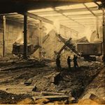 "Independent Subway Construction: Interior of above structure. Workers and cranes. January 1931."
